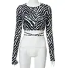 Roupas Femininas Europeias e Americanas Estação Internacional da Amazon Estação Independente Renda no Umbigo Amarrar Padrão Preto e Branco Estampado Costas Nuas Top Camiseta