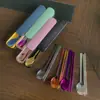 Conjunto de Talheres Portátil de Aço Inoxidável para Estudantes Infantil Cor Sólida Caixa Extensível Conveniente Caixa de Armazenamento de Colher e Hashi Única para Exterior