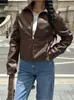 Chaqueta de Cuero con Solapa de Contraste de Color y Graffiti de Letras Estilo Callejero 2024 Otoño Nueva Chaqueta Abrigo de Manga Larga con Cremallera