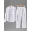 Traje Casual de Linho Masculino Estilo Old Money, Camisa de Manga Longa Masculina Retro Confortável Respirável e Calça Longa de Linho