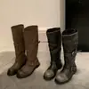 Chuyuji 2026 Nuevas Botas de Ciclismo de Estilo Coreano Vintage Desgastadas con Hebilla hasta Media Pantorrilla para Mujer, Botas Apiladas de Nicho con Suela Gruesa