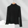 Camiseta de manga larga básica ajustada para mujer que realza la figura, de canalé, color liso, cuello alto, top fino versátil para primavera y otoño