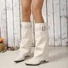 Botas de Moda com Bico Fino, Fivela e Salto Alto Outono 2026 para Mulheres, Tamanhos Grandes, Salto Grosso, Exportação Transfronteiriça, Botas Plataforma Retrô
