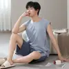 Pijama de Verano Nuevo Estilo para Hombre, Chaleco, Pantalones Cortos, Ropa de Casa, 100% Algodón Puro, 150g, Antibacteriano y Antiácaros 7A