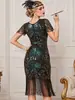 Vestido de flecos de manga corta para fiesta de baile retro Gatsby, fiesta de cóctel, bordado de lentejuelas, malla con cuentas