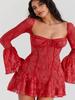 Ropa Nueva de Otoño Europea y Americana para Mujer, Vestido Elegante y con Estilo, Ajustado, de Encaje, con Mangas Acampanadas y Corbata, Línea A para Mujer