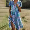2026 Moda Feminina Europeia e Americana Amazon Site Independente Estampa Boêmia Manga Curta Vestido com Gola Lapela