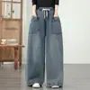 Foto Real de Calças Jeans Femininas Plus Size Novas Casuais Versáteis com Cintura Elástica Largas Modeladoras de Perna Larga