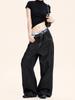 Calça Jeans de Trabalho Yongfang Estilo Retrô Americano Preta para Homens e Mulheres Casual Solta Cleanfit Perna Larga Lavada Reta