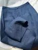 Altamente recomendado! Sofisticação de Verão~ Calça Casual de Linho Azul Profundo, Simples, Respirável, Fresca, de Perna Reta, Longa