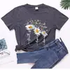 Camiseta casual con estampado de crisantemo y mariposa transfronterizo, nueva camiseta de manga corta para mujer estilo europeo y americano 2025, cuello redondo para mujer