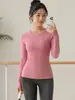 Top esportivo feminino de tricô sem costura, sob medida, slim fit, respirável, secagem rápida, com gola redonda para Pilates e fitness, manga longa