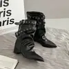 Botas de estilo retrô, que aumentam a altura, com salto grosso, de fivela, bico fino, de cano médio para mulheres, nova coleção outono 2026, efeito emagrecedor, botins, botas de montaria