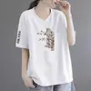 Camiseta de Manga Corta con Cuello en V para Mujer de Comercio Exterior Transfronterizo, Sencilla Talla Grande Nuevo Estilo Chino Top Holgado de Gama Alta