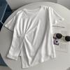 Camiseta de Manga Corta con Pliegues Asimétricos y Diseño de Nudo Retorcido, Fresca de Algodón con Copos de Nieve, Verano, Para Mujer con Sobrepeso, Aspecto Adelgazante, Top Camiseta Hombro Derecho