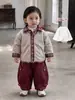 Conjunto casual para niños, nueva colección de invierno, chaqueta de plumón con dibujos animados, pantalones largos de cuadros forrados de forro polar para niños, conjunto de tres piezas de ropa para niños
