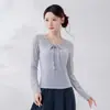 Top de Dança com Cadarço de Linho e Laço Manga Longa Estudante de Dança Adulto Dança Clássica Chinesa Exame Conjunto de Treino Slim Fit