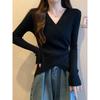 Camiseta de Fondo Estilo Tweed con Cuello en V y Ribete de Canalé para Mujer Primavera, Otoño e Invierno Nueva Holgada Talla Grande Sexy Top para Mujer