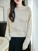 Suéter de punto para mujer con bloques de color, textura, cuello redondo y diseño calado, perfecto para crear un look elegante en primavera y otoño, o como una capa en otoño e invierno.