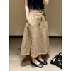 Vaca X Mercadorias Absolutamente Explosivo! Saia Midi Cáqui com Cordão e Fenda para Mulheres Design de Verão Senso de Estilo Cintura Alta Versátil Comprimento Médio