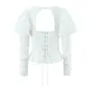 Elegante Camisa Sexy de Estilo Francés Cuadrada con Mangas Abullonadas, Espalda Descubierta con Atado, Corte Ajustado y Bordes Fruncidos para Mujer