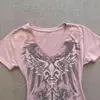 Camiseta corta de manga corta con cuello en V, estilo americano picante, para mujer, verano, vintage, retro, entallada, que marca la cintura
