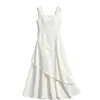 Vestido regata branco quadrado de estilo suave para férias femininas, novo vestido longo elegante estilo coreano de verão 2026