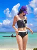 Bikini Estilo Coreano Estilo Ins, Bloqueo de Color Simple Blanco y Negro, Sin Tirantes, Cintura Alta, Conservador, Oculta el Vientre, Adelgazante, Traje de Baño de Dos Piezas para Vacaciones