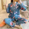Pijama para Mujer Primavera y Otoño Nuevo cárdigan de manga larga con pantalones traje de casa dulce de dibujos animados para dama