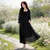 Vestido de Manga Larga Cuadrado de Alta Gama Estilo Francés, Vestido de Playa Estilo Resort Costero, Vestido de Gasa para Mujeres Petites, Ropa de Viaje