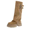 Botas altas retro Maillard de tacón grueso y suela gruesa para mujer, moda otoño 2026, botas de caña alta con hebilla de cinturón para personas petite