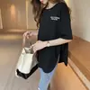 Camiseta Blanca con Abertura para Mujer Talla Grande Manga Media Longitud Media Letras de Moda Verano Sencilla Cuello Redondo Top Pulóver para Mujer Moderno