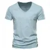 Nova Camiseta Masculina de Verão Venda Quente Transfronteiriça Europeia e Americana Algodão Puro Manga Curta Algodão de Bambu Cor Pura Masculina Gola V