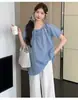 Moda de Verano 2025 Estilo Mori Cuadros Dos Usos Blusa Muñeca Top Pantalones Pierna Ancha Traje de Moda para Mamá Mujeres Embarazadas