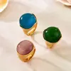 Anillo Retro de Acero Inoxidable de Tres Colores con Piedra Ojo de Gato, Estilo Europeo y Americano Misterioso para Mujer, Joyería de Anillo de Lujo Ligero Color Oro Real de 18K que Conserva el Color