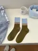 Calcetines de Mujer de Punto Doble de Caña Media Estilo Coreano, Transpirables para Otoño e Invierno, con Letras de Bloques de Color, Calcetines Casuales de Algodón Holgados de Moda