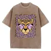 [Transfronteiriço 230g] Camiseta Feminina Retro Lavagem Ácida Estampa de Leopardo Estampa de Desenho Animado Gola Redonda Algodão Manga Curta Moda