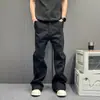 Pantalones Largos Casuales de Hombre Otoño Pierna Recta Campana Bolsillos Múltiples Rígidos Largo hasta el Suelo Rascally Cool Negro-Gris Lavado Retro Americano