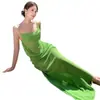 Vestido de Malha Verde com Babados Estilo Francês para Mulheres, Novo Modelo Verão 2025, Vestido Longo Slim Fit Cintura Marcada para Férias na Praia