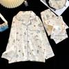 Pijama Fofa de Manga Longa para Meninas de Comércio Exterior Novo Cardigan com Lapela de Algodão Nuvem Infantil Versão Coreana Manga Longa Calça Longa Roupa de Dormir