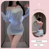 Pijama Azul de Manga Longa com Uma Alça para Mulheres, Saia Sexy sem Costas de Verão, Estilo Pura Luxúria Saia Curta Justa ao Corpo Hot Girl