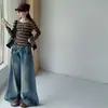 Conjunto de Pantalones de Mezclilla Anchos a Rayas de Manga Larga para Niñas, Otoño Nuevo, Pantalones Largos de Tiro Alto Sueltos Vintage, Moderno 2026