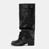 Botas de mujer de punta redonda y pierna ancha 2026 primavera-verano nuevo estilo vintage, negro desgastado, caña ancha, adelgazantes, botas fruncidas apiladas