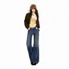 Jeans acampanados de mezclilla vintage, de tiro bajo, desgastados, con caída relajada, pantalones largos azules vintage, de longitud extendida, con ribete de pelo de conejo