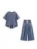 Amazon Comercio Exterior 2026 Verano Nuevo Vintage Holgado Cuello Redondo Camiseta Cordón Holgado Mezclilla Pierna Ancha Conjunto de Pantalones