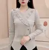 Top de veludo canelado com decote em V e renda, 260g, com design estiloso, novo casaco feminino de manga longa estilo Chanel, outono 2025