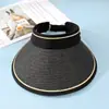 Sombrero de sol de goma negro de verano para mujer, sombrero de sol de paja tejida con parte superior vacía, protección UV, sombrero de sol para ciclismo, anti-viento, para circunferencia de cabeza grande
