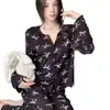 2026 Nuevo Pijama de Algodón Acanalado de Seda de Hielo con Cuello en V y Lazo Negro Conjunto de Ropa para el Hogar de Manga Larga para Mujer Celebridad de Internet Chic Francés