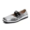Zapatos Mary Jane Cuadrados Vintage Estilo Francés de Piel de Vacuno de Primera Capa para Mujer, Zapatos Planos de Ballet, Slip-On Plateados de Corte Bajo