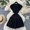 Vestido de punto de manga corta estilo coreano para mujer, de cintura alta, línea A, para ir al trabajo, vestido suéter de verano negro de longitud media, corte ajustado